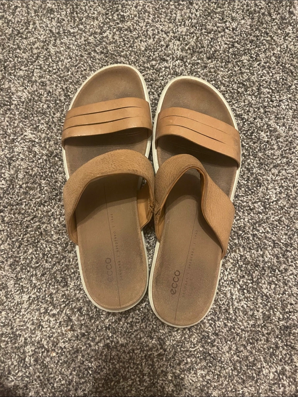 Ecco Cognac Leather Dual-Strap Slide Sandals